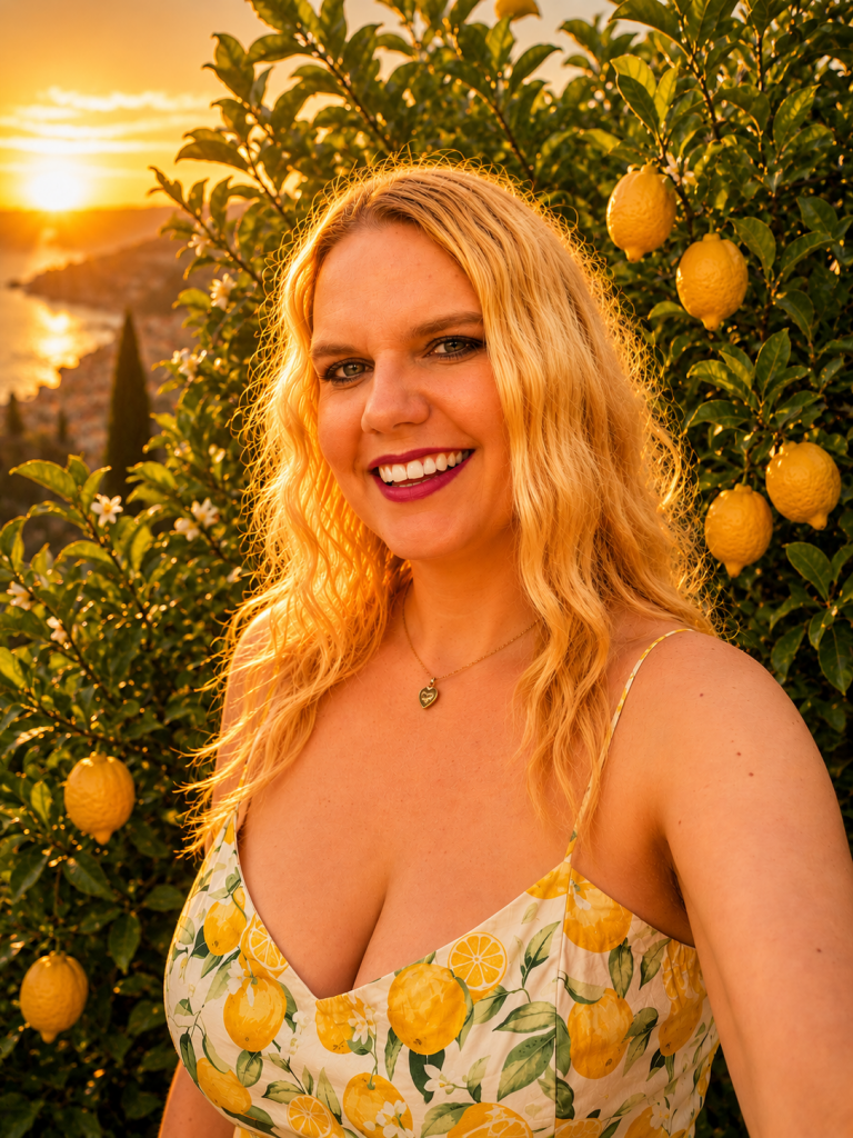 Kat Madleine in a lemon dress standing in front of a lemon tree laughing in Italy